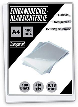 100 PREMIUM Einbanddeckel-Klarsichtfolien A4, PVC-Folie, 0.18 mm, 100-er Pack, transparent