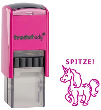 Trodat edy FIX - Timbro motivazionale per insegnanti e educatori, set di timbri per motivare, 1 motivo unicorno punta, tedesco, alloggiamento rosa, stampa rosa, autoinchiostrante, 20 x 20 mm