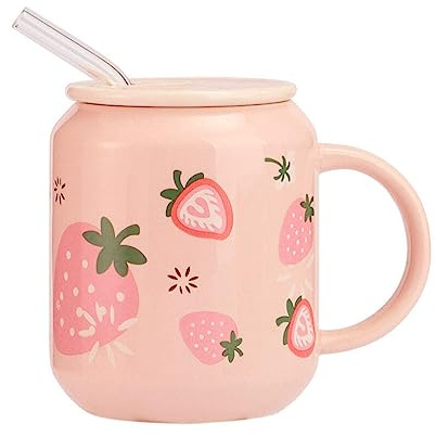 BESPORTBLE Strawberry Ceramic Mug with Lid and Straw Cute Fruit Pattern Drinking Cup for Kids Girls Office Home 4.72X4.13X3.35In