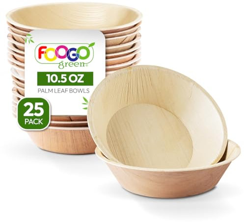 FOOGO Green 25pcs Disposable Palm Leaf Bowls, 6 (15cm), 10.5oz (300ml), for Desserts & Salad, Round, Eco Friendly Biodegradable Compostable, Like Wooden, Bamboo and Paper Bowls, Party