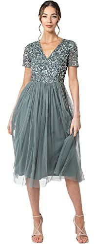 Maya Deluxe Damen Midi-Kleid mit V-Ausschnitt, Verziert Brautjungfernkleid, Grün (Misty Green), 40 EU