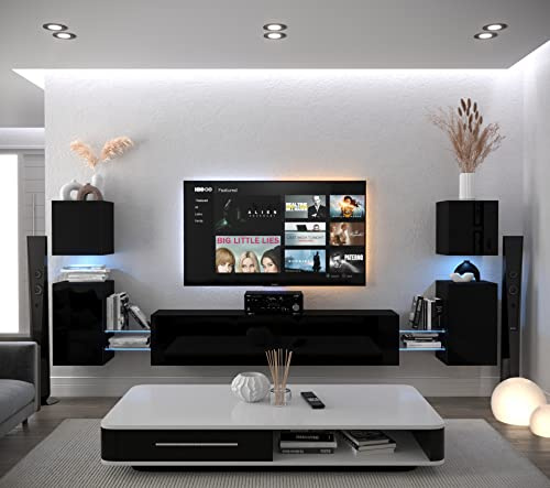 Furnitech Wohnwand Wohnzimmer | Hängend Wohnwand Modern | Wohnzimmer Schrankwand mit Regale und TV Schrank | Wohnzimmer Möbel ohne LED (AN105-21B-HG1 1A)