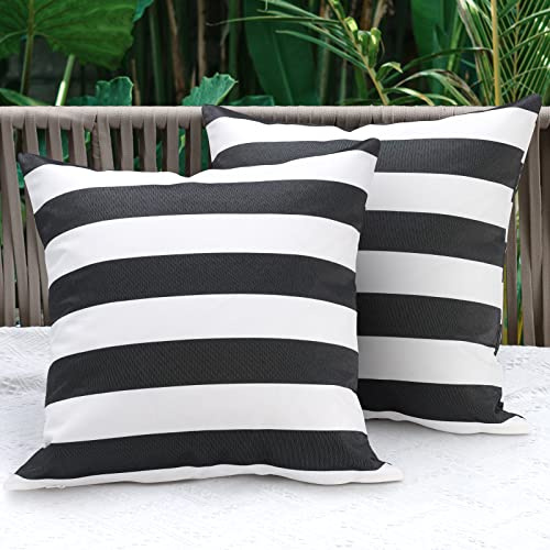 Lewondr Outdoor Wasserfester Kissenbezüge, 2 Stück 45x45cm Quadratische Streifen Wasserdicht Kissenbezüge für Außenbereich Terrasse Veranda Bauernhaus Garten Balkon Sofa, Schwarz Grau & Weiß