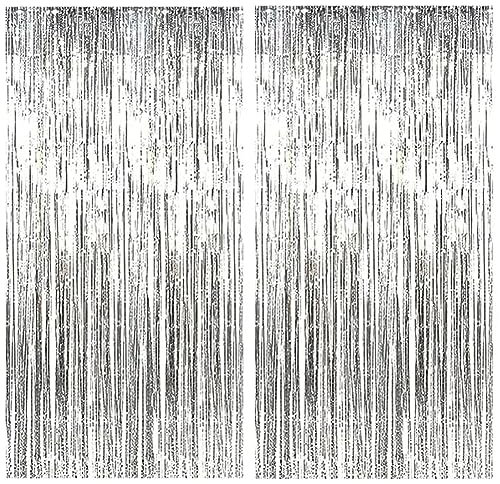 Lametta Vorhänge, 2 Stück Silber Glitzervorhang Fringe 1x2m Metallic Folienfransen Hintergrund, Luftschlangen Folie Vorhang für Geburtstag Hochzeit Weihnachten Party Dekoration, Tinsel Curtains silver