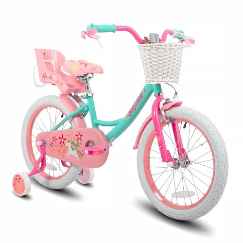 JOYSTAR Unicorn 18 Inch Kids Bike for 5-8 Years Girls with Doll Bike Seat 18 Children Bicycle with Training Wheels Basket Streamer Princess Kids' Bikes Green
