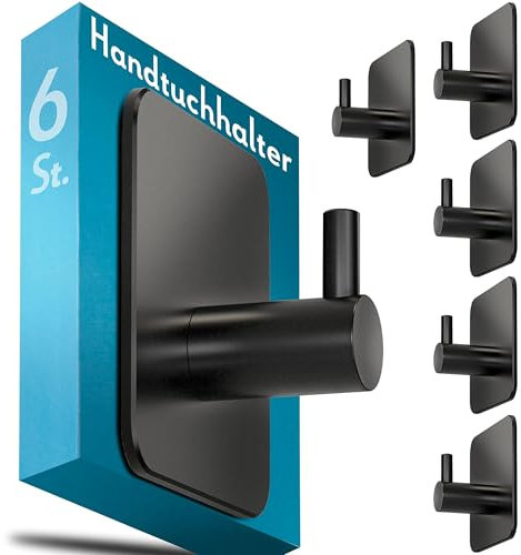 Menz Handtuchhalter ohne Bohren, 6 Stück, schwarz - Edelstahl Badezimmer Handtuchhalter, wasserfeste Klebehaken, langlebige Haken fürs Bad, Haken selbstklebend, ideal als funktionale Handtuchhaken