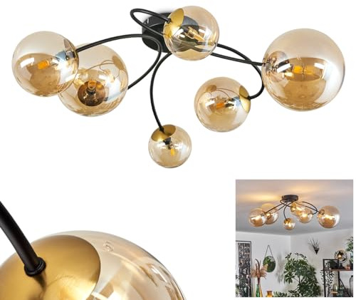 HOFSTEIN Deckenleuchte Chehalis, Deckenlampe aus Metall/Glas in Schwarz/Goldfarben/Bernsteinfarben, Leuchte im Retro/Vintage-Design mit Schirmen aus Glas (Ø 10 cm), 6 x G9 LED