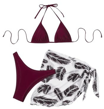 GORGLITTER Bikini Mit Rock Damen Set 3 Teilig Triangel Bikini Set Neckholder Badeanzug Bikini Mit Palme Bordeaux M