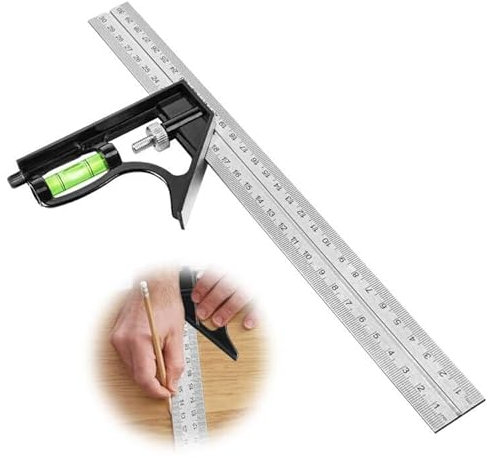 Flintronic Règle d'angle de Combinaison, 300mm Outils de Traçage avec Niveau à Bulle et Tire-Lignes Pratique, Idéal pour Bricolage Outillage, Mesure, Marquage