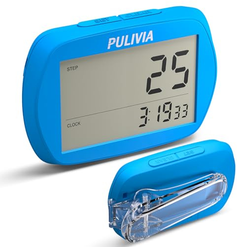 PULIVIA Pedometer for Walking 3D Step Counter with Clock, Simple Operation Portable Steps Tracker with Clip Lanyard, Blue