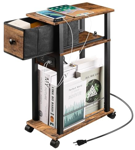DGSANDGO Sofa Side Table Narrow End Table (1PC) - Rustic Brown & Black Two-Tone, Side Table with Charging Station (1 AC + 2 USB) & Storage Drawer, 4 Wheels Mobile Nightstand for Bedroom Living Room