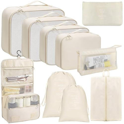 Snarflun Koffer Organizer Set, Packing Cubes for Suitcase Travel Accessories Kofferorganizer Reise Gadget & Reise Organizer Set Kleidertaschen Packwürfel Kosmetik Packtaschen (Beige, Einheitsgröße)
