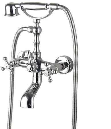 Badewannenarmatur Badewanne Wasserhahn Retro Vintage Stil Messing Wandmontage Zwei Griffe Wannenbatterie Badewannen Armatur Mit Handbrause Badewanne Mischbatterie Duscharmatur, Chrom