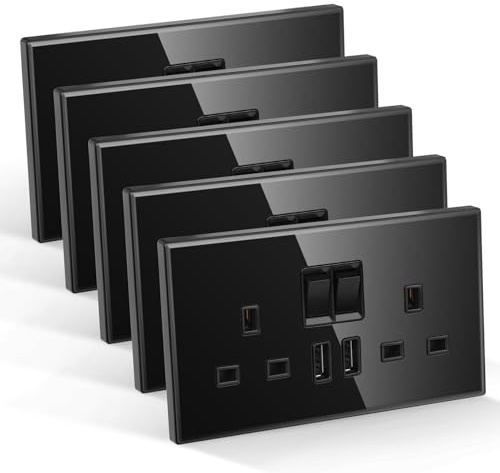 CNBINGO Double Switched Socket with 2 USB-A Ports, Electric Power Sockets 2 Gang 13 Amp, Black Tempered Glass Panel Wall Outlet, 5 Pack | Electric Socket with USB-A Ports output 3.1Amp, 2 Gang 13 Amp Wall Outlet with Power Switch, DIY install