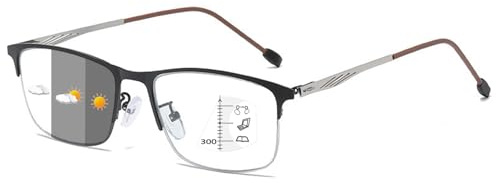 Lanomi Progressive Multifocal Half Frame Reading Glasses Metal Men Women Photochromic Varifocal Sunglasses UV Protection Transition Eyeglasses 1 Pairs Silver Multifocal Glasses 1.5