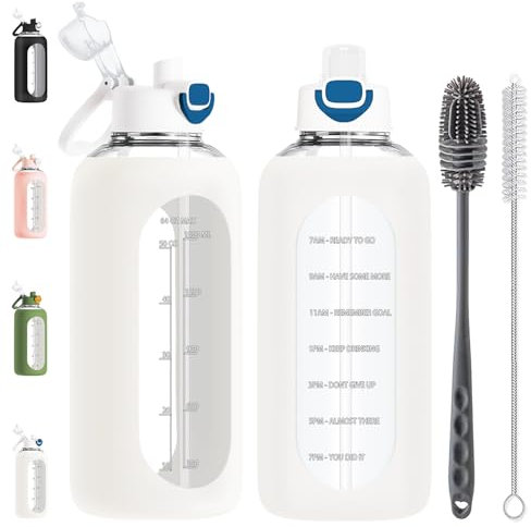 RNCKUUE Bouteille d'eau en verre de 2 litres avec paille, grande bouteille en verre borosilicate de 2 l avec manchon, brosse, blanc