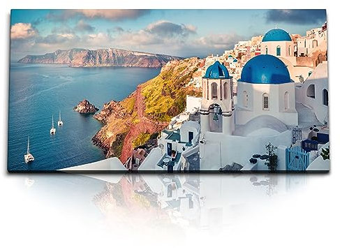 Paul Sinus Wandbild 120x60cm – Santorini Traumkulisse: Ein mediterraner Ausblick auf die ikonischen weißen Häuser mit blauen Kuppeln und das tiefblaue Meer