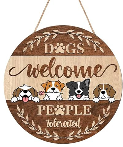 Dog Door Sign,Wooden Dog Welcome Door Sign - Funny Welcome Front Door Dog Pet Sign, Dogs Welcome People Tolerated Sign for Dog Lovers Housewarming