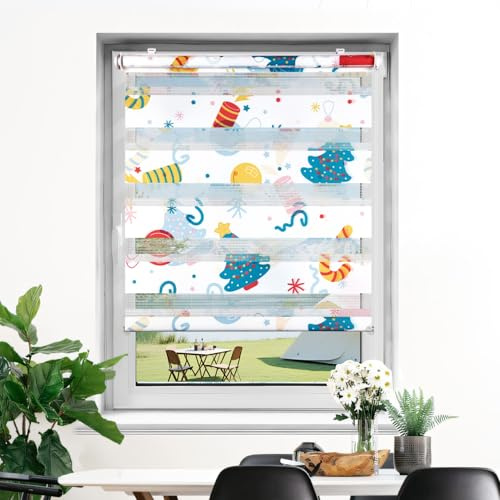 Deswell Doppelrollo mit Muster Weiß-Feuerwerk B90 x H120 cm (Stoffbreite 86cm), Doppelrollo Klemmfix ohne Bohren mit Motiv, Duo Rollos für innen Fenster Zebrarollo Fensterrollo für Kinderzimmer