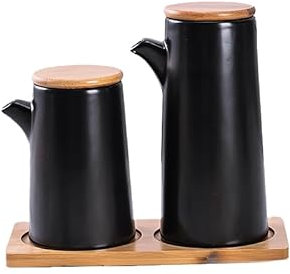DDNGEJ Set Of 2pcs 350ml/450ml Ceramic Oil Dispenser Bottle With Wooden Lid And Saucer No Drip Oil Vinegar Cruet For Kitchen Soy Sauce Dispenser