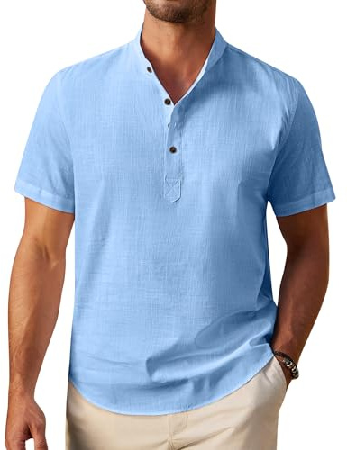 siliteelon Men's Linen Shirts Short Sleeve Henley Shirts for Men Adult Summer Beach Regular Fit Casual Summer Shirt