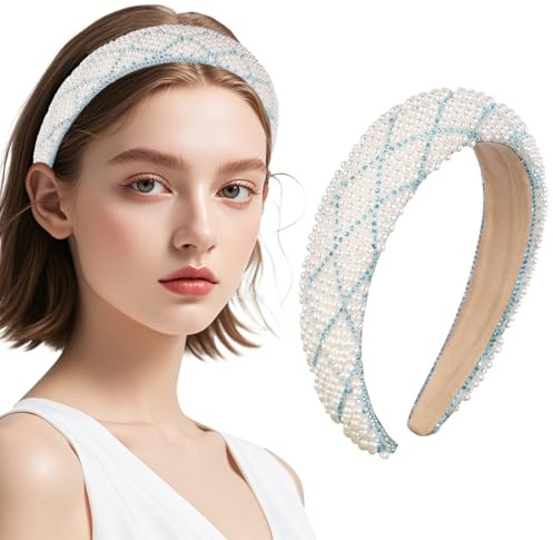 Kunyeah Perlenstirnbänder für Frauen Mädchen Strass Haarreif Dick gepolstert Brautstirnband Glitter Perlen Haarband Kristall Haarteil Mädchen Haarschmuck (Blau, 3 * 12 * 15cm)