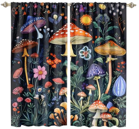 HOMCURSH Colorful Watercolor Mushrooms Blackout Curtains for Bedroom Abstract Rustic Spring Forest Floral Green Leaves Heat Insulating Blackout Curtains for Living Room 2 Panels Each 42 W x 84 L