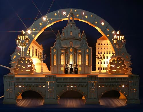 Tietze Erzgebirgsdesign Exclusiver 3D Schwibbogen Dresden Frauenkirche + Augustusbrücke 52cm + Unterbank Handarbeit aus dem Erzgebirge