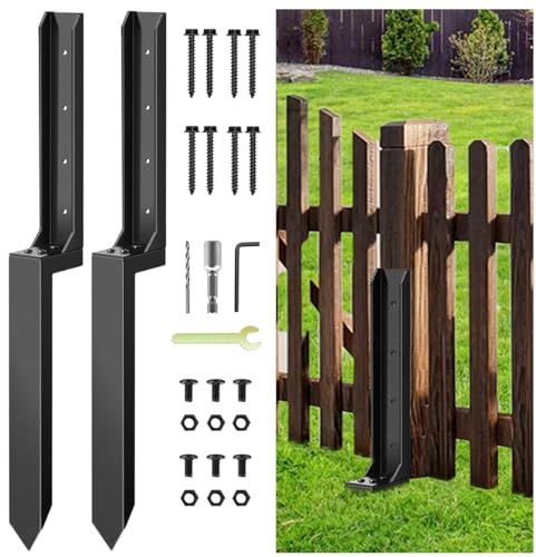 JINBZZON Heavy Duty Fence Post Repair Stakes, Steel Fence Post Repair Kit with Nails, Fence Post Spikes Repairing Damaged/Reinforcement Fence Gate Posts (2)