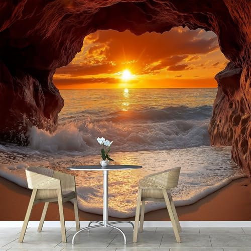 Natural Cueva Papel Tapiz FotográFico Efecto 3D, Playa Puesta Sol Papel Pintado 3D FotografíA Mural, 300×210cm Pared Pintado Fotomural Dormitorio Sala Mural DecoracióN