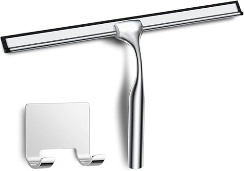 COFTCLMOMT 35CM Edelstahl Duschabzieher Mit Selbstklebe Haken, Silber Abzieher Dusche Wischer für Badezimmer, Kurzer Handgriff Glaswischer, Glas Wasserschieber, Duschwand Abzieher, Badwischer