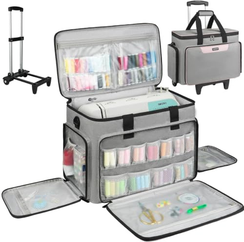 LEFOR·Z Roll-Nähmaschinenkoffer mit Rollen, Nähmaschinen-Tragetasche, Trolley-Tragetasche, passend für die meisten Standard-Singer, Brother, Janome-Nähmaschinen und Zubehör, Grau/Rosa