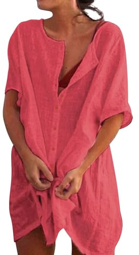 Camisas Mujers Largos Pareos Color Sólido Vestido Playa Verano Camisa Suelta de Bikini Cover Up Traje para Mujer Vestidos de Playa Casual Blusa Playeras Suelto