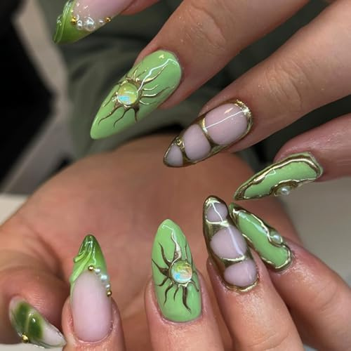Lilbitty 24 Stück Grüne Goth Mandel-Press On Nägel Set für Halloween – Y2K Lange Fake Nägel mit Sonnenstein, Gel, Kleber und Zubehör