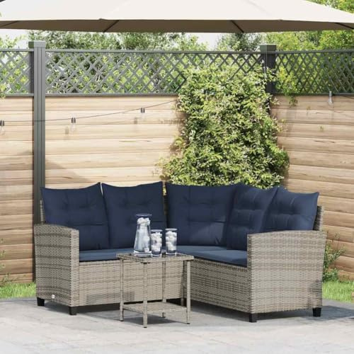 HaoChrymec Gartensofa in L-Form mit Tisch und Kissen Grau Poly Rattan, Lounge Möbel Outdoor, Gartenmöbel Set, Balkon Sofa, 146 x 146 x 76 cm