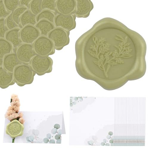 HOMMDECO 30 segnaposto in carta con foglie verdi, etichette regalo per matrimoni, baby shower, cene, banchetti e feste, con adesivi in cera verde