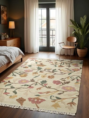 Elle Decoration Afghan Kelim Violette - Floraler Traditioneller Wohnzimmerteppich, Handgewebt, Jute & Baumwolle mit Fransen für Wohnzimmer, Schlafzimmer - Creme Multifarben, 80x150 cm