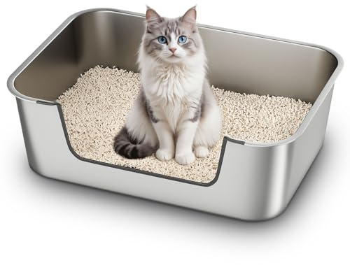 Lettiera Acciaio Inox per Gatti, Lettiera Gatto con Bordi Bassi, Toilette Aperta per Gatti Anziani o Feriti, Lettiere Grande per Gatto XXL, Facile da Pulire, Antiodore e Spaziosa, 60x40x20cm