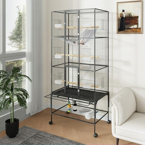 3 Etagen Vogelkäfig Groß 176 x 82 x 47cm, Papageienkäfig mit Sitzstangen, Rollen, Vogelvoliere mit 6 Futtertüren, Schmutzwanneneinsatz, Metall Voliere für Papageien Wellensittich Nymphensittich
