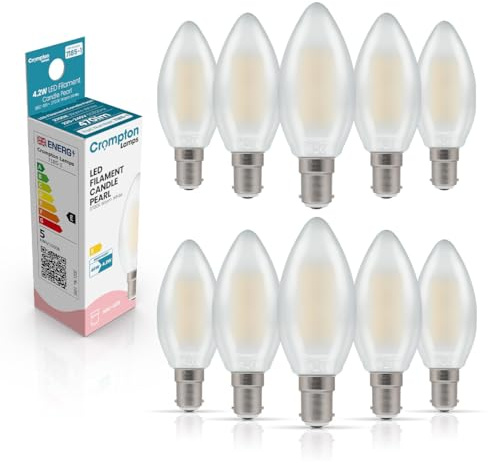Crompton Lamps Filament Candle LED Light Bulb SBC-B15d | 4.2W = 40W Equivalent | Warm White 2700K | Energy Efficient | Small Bayonet Lightbulb | Long Life 10,000-Hrs | Pearl Glass | Dimmable | 10-Pack