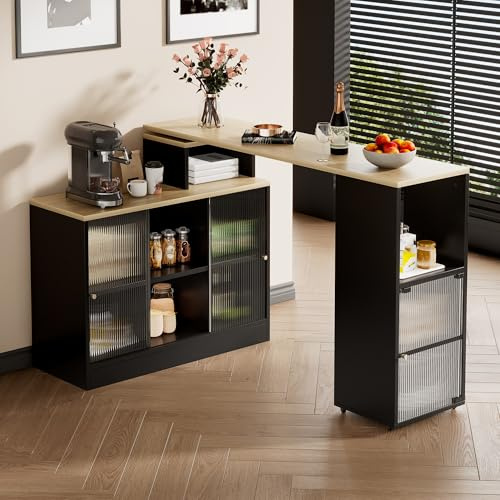 Tavolo da bar allungabile girevole a 360° con ripiani aperti vano portaoggetti anta scorrevole in vetro tavoli da bistrot per sala da pranzo soggiorno cucina table alto mobile credenza nero