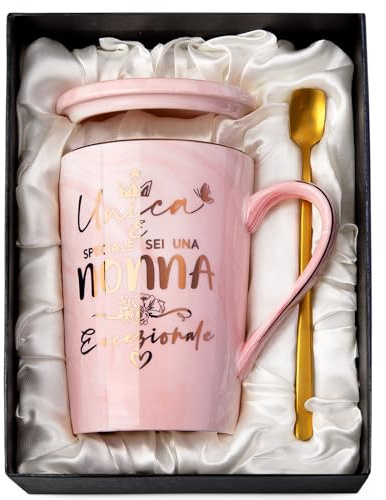 Biching Regalo Nonna Compleanno Tazza da Caffè in Ceramica da 400ml | Regali Nonni, Originale Utile Personalizzato, Coperchio, Cucchiaio, Biglietto, Elegante Confezione Regali