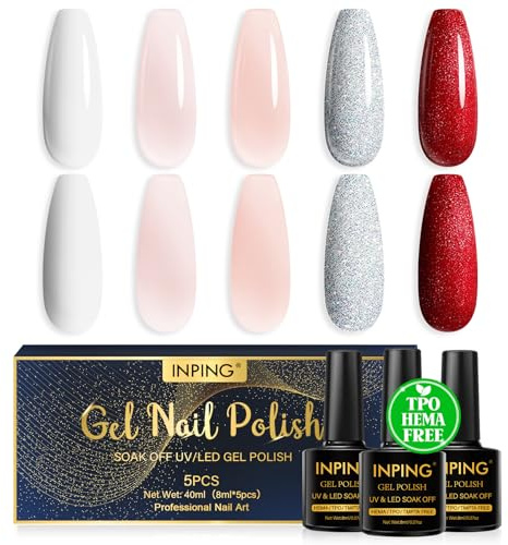 INPING Smalto Semipermante Unghie HEMA-FREE TPO-FREE, 5 Colori Bianco Trasparente Jelly Nude Rosa Argento Glitter Rosso malti Semipermanenti per Unghie Soak-Off UV/LED Nail Polish, 8 ML