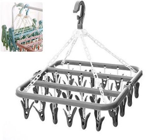 Klomveris 32 Pegs Folding Hanger, Clothes Hanger Upgrade Drying Rack, Clothespin Drip Hanger for Socks, Underwear, Shoe Insoles, Baby Clothes