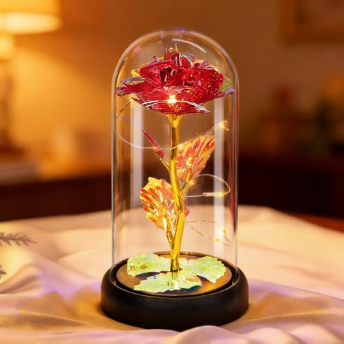 Kawaology Valentines Day Rose Gifts for Her,Birthday Gifts for Womens Gift for Birthday Gifts for Women Mom Wife Girlfriend, Light Up Rose in A Glass Dome, Mothers Day, Womens Day (Red Gold)