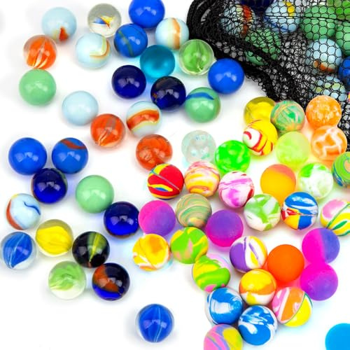 HAKACC 210 Stück Spielzeug Set – 160 Bunte Glasmurmeln (16mm) & 50 Flummis (25mm) für Kinder, DIY-Basteln, Deko & Partyspiele