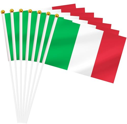 Pack de 20 Banderas de Italia de Mano con Palo, 14 x 21 cm, Banderas Pequeñas para Decoración de Eventos Deportivos, Fiestas Nacionales, Desfiles y Celebraciones en Bares