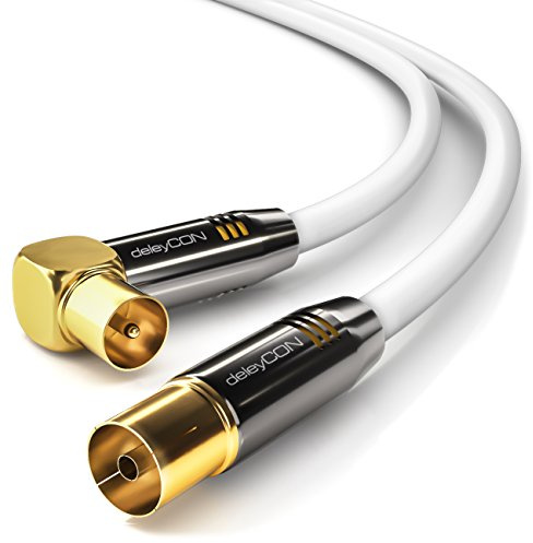 deleyCON 10m 4K TV Antennenkabel Koaxialkabel 90° IEC - Weiß | 4K Ultra-HD, Full HD HDTV, 1x IEC-Stecker 90° gewinkelt zu IEC-Buchse gerade, TV, Radio, DVB-T2, Metallstecker