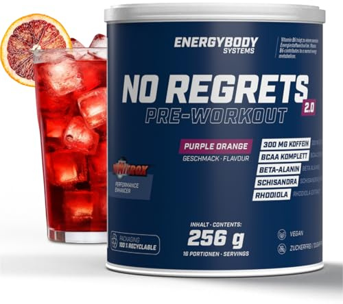 Energybody No Regrets Preworkoutbooster 256g, Purple Orange, 18 Portionen | Koffein Booster für Kraftsport, Ausdauer & Gaming, BCAA, L-Arginin, Beta-Alanin, Taurin, Pre Workout Pulver