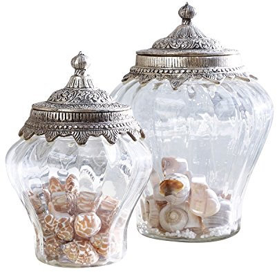 Loberon Glasdosen Set Isaline | Deko Glasbehälter Mit Deckel | Aus Mundgeblasenem Glas & Messing | Verzierte Deckel | 2 Gläser | ø 11 cm & 15 cm